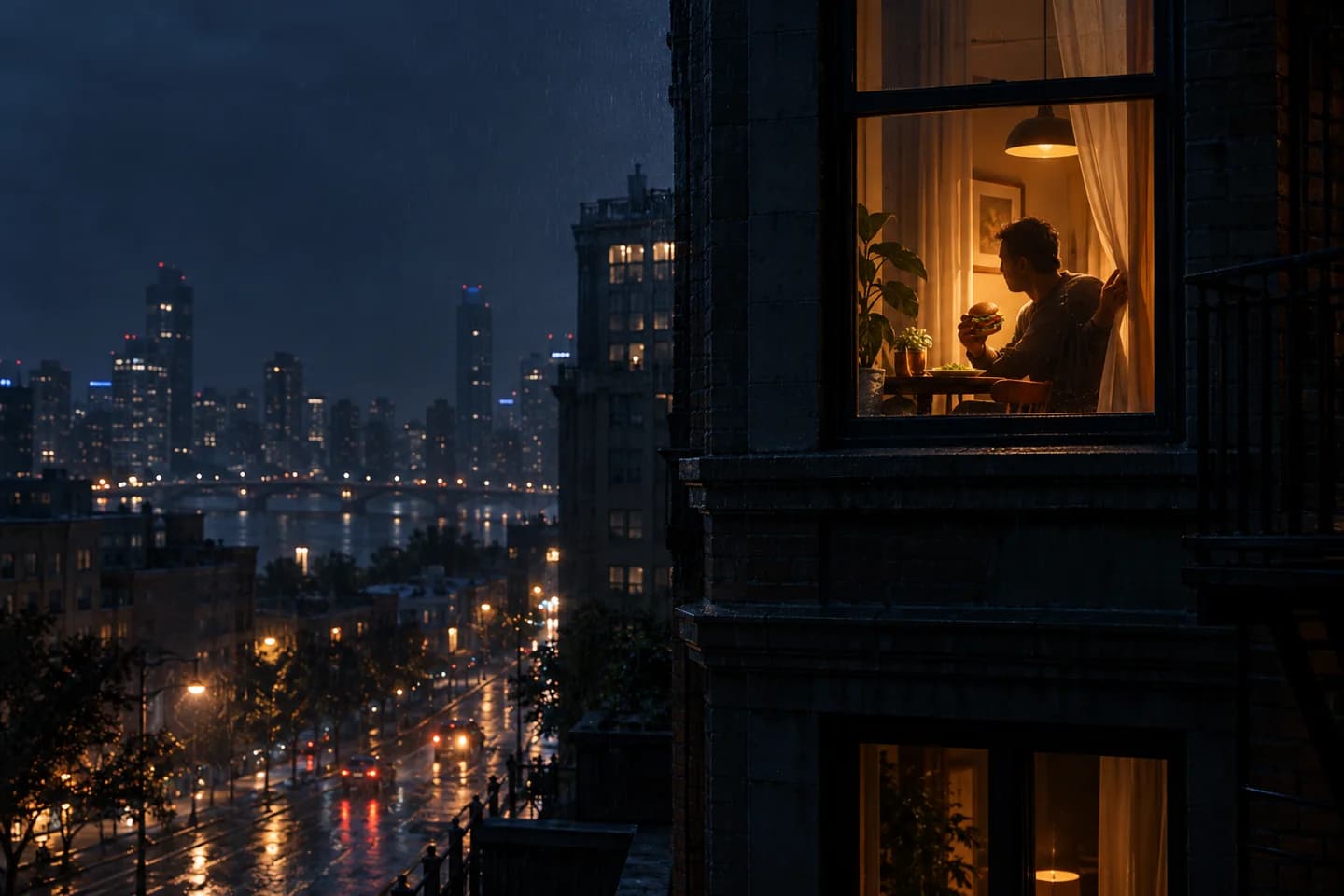 A rainy city at night with a person holding a burger inside one warmly lit apartment window